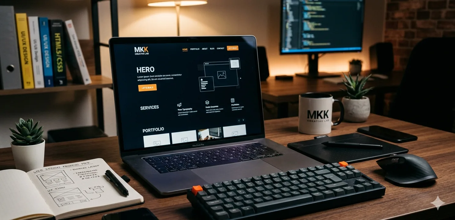 Arbeitsszene: Laptop mit modernem dunklem Website-Layout – Webdesign-Prozess bei CZ Digital Support